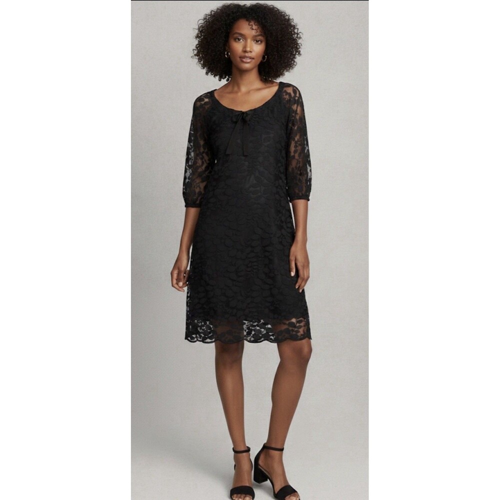 Garnet Hill Boheme Easy Lace Dress Black 3/4 Bishop Sleeve Tie Neck Sz 16